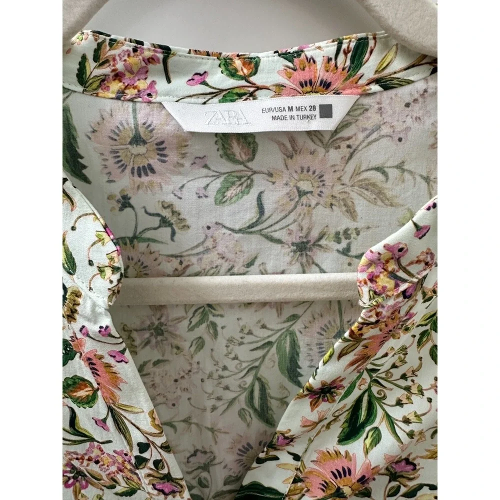Zara Floral Button Front Cotton Shirt Dress Cottagecore Botanical Women's Medium - Picture 8 of 13